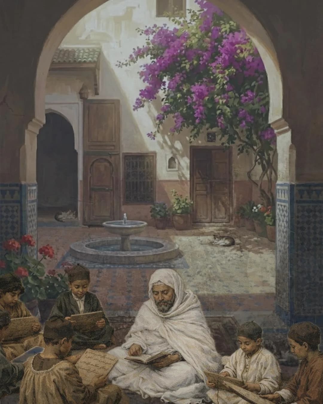 Un maître et cinq enfants tenant leurs Lawhas dans une cour de medersa maghrébine — peinture orientaliste XIXᵉ siècle.